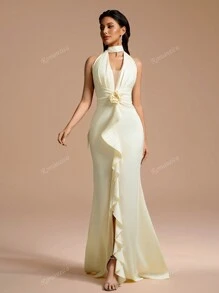 Vestido largo maxi elegante de unicolor con cuello en V profundo y abertura, con corbata de moño y volantes, detalle floral en la cintura, adecuado para ocasiones formales, bodas y fiestas