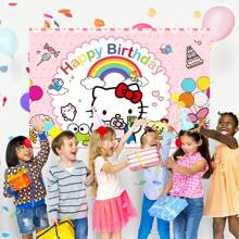 Sanrio 1 pezzo Striscione per festa di compleanno di Hello Kitty di Sanrio - Sfondo di compleanno felice con gatto kawaii carino, decorazioni per feste, telo da parete per sala delle feste, accessori studio, 210 x 150 cm / 150 x 100 cm / 100 x 75 cm