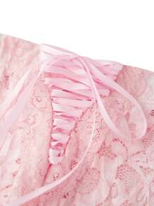 Women Capri Pants Lace See-Through High Waist Ruffles Hem Summer Casual Cropped Pants Stretch Crop Leggings - Pink - View 5