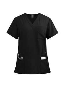 1 Set Of Multi-Color Scrubs Set Including V-Neck Top With 2 Pockets And Elastic Waist Pants, Breathable Material, Suitable As Work Uniform For Professionals Such As Doctors, Nurses, And Dentists, Designed For Women - Black - View 7