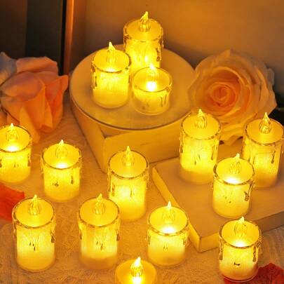 3/12/24pcs Dripping Effect LED Tea Candle Lights, Battery Powered Flameless Electronic Candle Light With Warm Flickering Light For Bedroom Decor, Wedding & Festival Decoration Candle Light