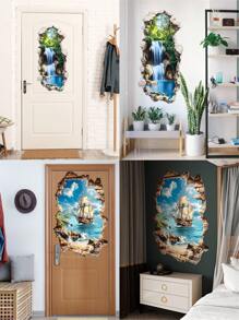 1pc/1set2pcs/1set3pcs, Creative Landscape Wall Stickers, Simulated Broken Wall Mountain Stream Forest Waterfall, Sailboat And Ocean Wall Decals, Suitable For Living Room Bedroom Bathroom Door, Mural Decorative Wall Stickers Gifts Birthday Graduation Personalised Stickers - Multicolor - View 2