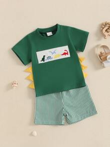 Baby Toddler Boy Shorts Set Whale/Dinosaur/Turtle Short Sleeve T-Shirts Striped Elastic Waist Shorts 2 Piece Summer Outfit - 軍綠色 - 查看 5
