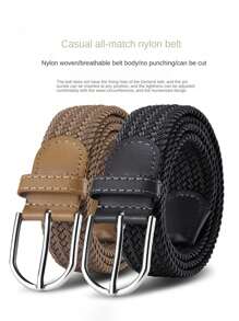 1pc Ivory Blue Woven Elastic Casual Belt For Men With Alloy Buckle, Stretchable Canvas Fashion Belt For Women No-Drill