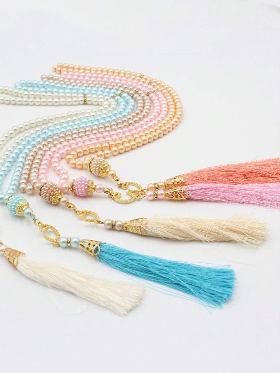 1 pieza 99 cuentas de oración de perlas falsas de vidrio de 6mm, pulsera con borla, pulsera de mano, decoración de muebles
