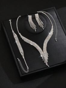 4pcs Jewelry Set For Women: Tassel Necklace, Earrings, Bracelet, Simple Geometric Style, Bride Wedding Party Outfit