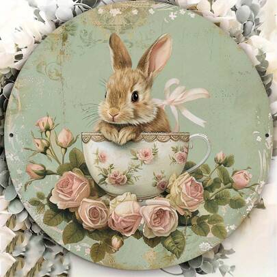 Vintage Metal Sign With Rabbit And Teacup Design - Waterproof Iron Wall Decor, Suitable For Home, Cafe, Garage Indoor/Outdoor Use, 8x8 Inches Easter Easter Decorations Easter Decor Party Gift Gifts Birthday Graduation