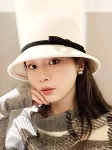 1pc Spring Autumn Bowknot French Lady Elegant Classy Cap, Solid Color Casual Versatile Wide Brim Hat, Autumn/Winter Warm Bucket Hat, Suitable For Parties, Daily Wear, Photos - A - View 5