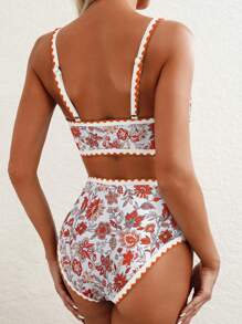 Women 2-Piece Bikini Swimsuits Floral Print U-Neck Bra And High Waist Briefs Sets For Summer Beachwear Bathing Suit - Orange - View 2