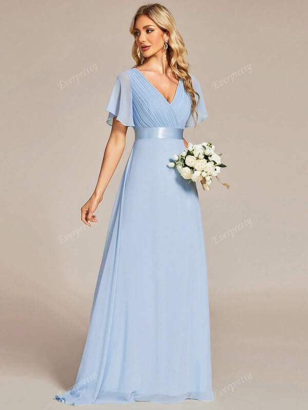 Elegant V Neck Maxi A-Line Ruffle Sleeve Ruched Chiffon Wedding Baby Blue Bridesmaid Dress