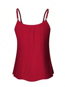 Built In Bra Padded Women Camisole Cami Vest Plus Size 2 In 1 Push Up Tank Tops Summer Beach Flowy Swing Casual Loose Fit Blouse Top Shelf Bra Spaghetti Strap S To 4XL - 紅色 - 查看 5