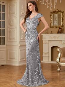 hezixi 女士优雅亮片性感晚礼服，长款美人鱼正式舞会礼服，奢华婚礼派对鸡尾酒会礼服，婚礼宾客礼服 - 灰色 - 查看 5