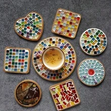 1 Set Mosaic Making Kit, 1 Base Plate & 100pcs Mosaic Tiles, Includes Circular & Square Bamboo/Wood Trays, DIY Craft Materials Suitable For Party, Holiday Making