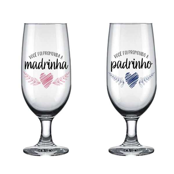 Kit De 2 Taças De 300ml De Vidro Decorada Para Madrinha E Padrinho Casamento Ou Batizado