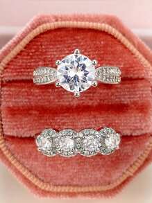 1 Set Shiny Cubic Zirconia 925 Sterling Silver Couple Rings, Suitable For Wedding, Engagement Party, Valentine's Day And Other Occasions