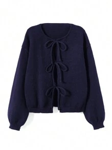 [上衣] 纯色扭纹前长袖开衫 - 极简主义，办公室着装，复古外观，简约，法式风格，女式系带前腰带纯色针织开衫，可穿在衬衫外面，大码可爱开衫