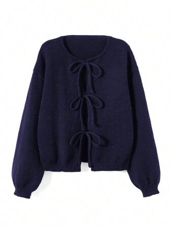 [Tops] Enfärgad Twist Front Långärmad Cardigan - Minimalistisk, Kontorsklädsel, Vintage Look, Enkel, Fransk Stil, Kvinnor Tie-Front Bälted Enfärgad Stickad Cardigan, Kan bäras över en blus, Plus Size Söt Cardigan