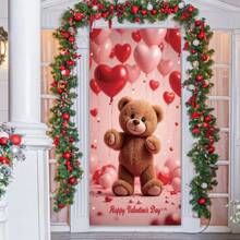 2D Door Banner, 1 Piece Valentine's Day Heart-Shaped Wreath Door Decoration - 35.4x70.8 Inches, With Red Hat, Bow, And Heart Accents, Polyester, No Power Required - Ideal For Entrance And Room Decor