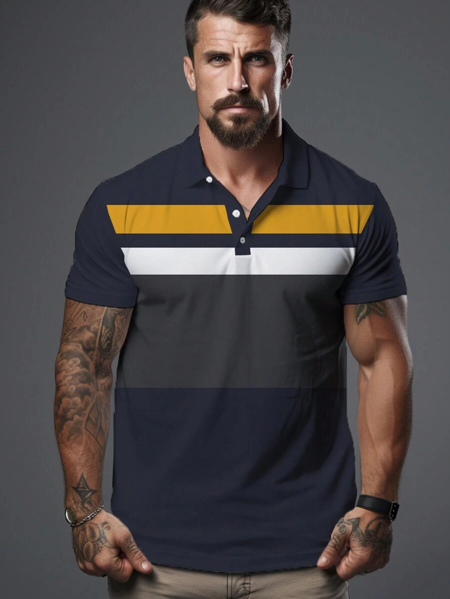男士时尚短袖运动 Polo 衫,3D 数码印花纽扣休闲 Polo 衫,夏季 - 藏蓝色 - 查看 1