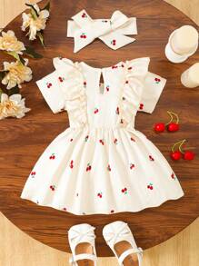Baby Girls Ruffle Hem Cherry Print Bubble Ruche Short Sleeve Sweet Dress With Headscarf, Suitable For Outdoor Vacation, Photoshoot, Casual