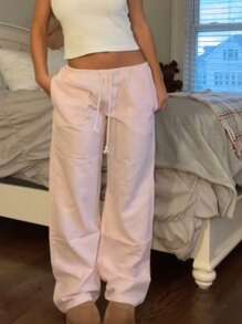 Women's Stripe Print Pants Drawstring Low Rise Straight Leg Trousers Bottoms - Pink - View 2