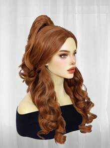 Perruque longue ondulée auburn avec queue de cheval mi-relevée pour femmes - cheveux synthétiques résistants à la chaleur de couleur brun rougeâtre naturel, perruque de princesse pour cosplay, vagues volumineuses avec raie au milieu, design de queue de cheval amovible, look réaliste, bonnet doux et respirant, facile à porter et à recoiffer, parfait pour les fêtes, les costumes de vacances, le port quotidien, les soirées à thème, les mariages, un excellent cadeau pour les femmes - Tabac - Voir 5