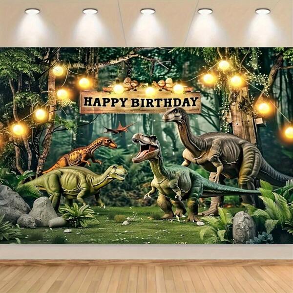 1 pezzo Striscione per festa di compleanno a tema dinosauro - Sfondo in poliestere con accessori per photobooth, senza alimentazione elettrica - Sfondo fotografico a tema parco dei dinosauri, adatto per festeggiamenti di compleanno