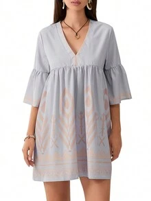 Cccoqdj Women's Embroidered Mini Dress Summer Nightgown 3/4 Sleeve V Neck Pattern Print Short Nightdress Boho Tunic Dress - 灰色 - 查看 10