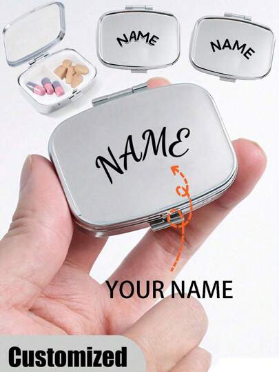 Custom Name 2-Grid Pill Organizer Box, Mini Portable Metal Pill Case For Travel, Outdoor Sports, Pocket Or Purse Bag, Multifunctional Jewelry Earrings Storage Container