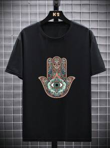 Men's Casual Retro Evil Eye Pattern Short Sleeve T-Shirt - Black - View 2