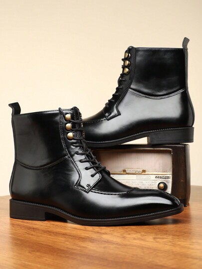 Men's Boots, British Style Mid-Top Men's Leather Shoes, Brogue Business Casual Short Boots, Fashion Pointed Toe Boots