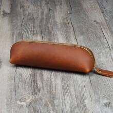 Estuche de Lápices de Cuero Vintage, Simple Porta Papelería, Estuche para Bolígrafos, Bolsa de Almacenamiento con Cremallera, Estuche para Lápices, Caja para Gafas, Suministros Escolares - Marrón claro - Ver 9