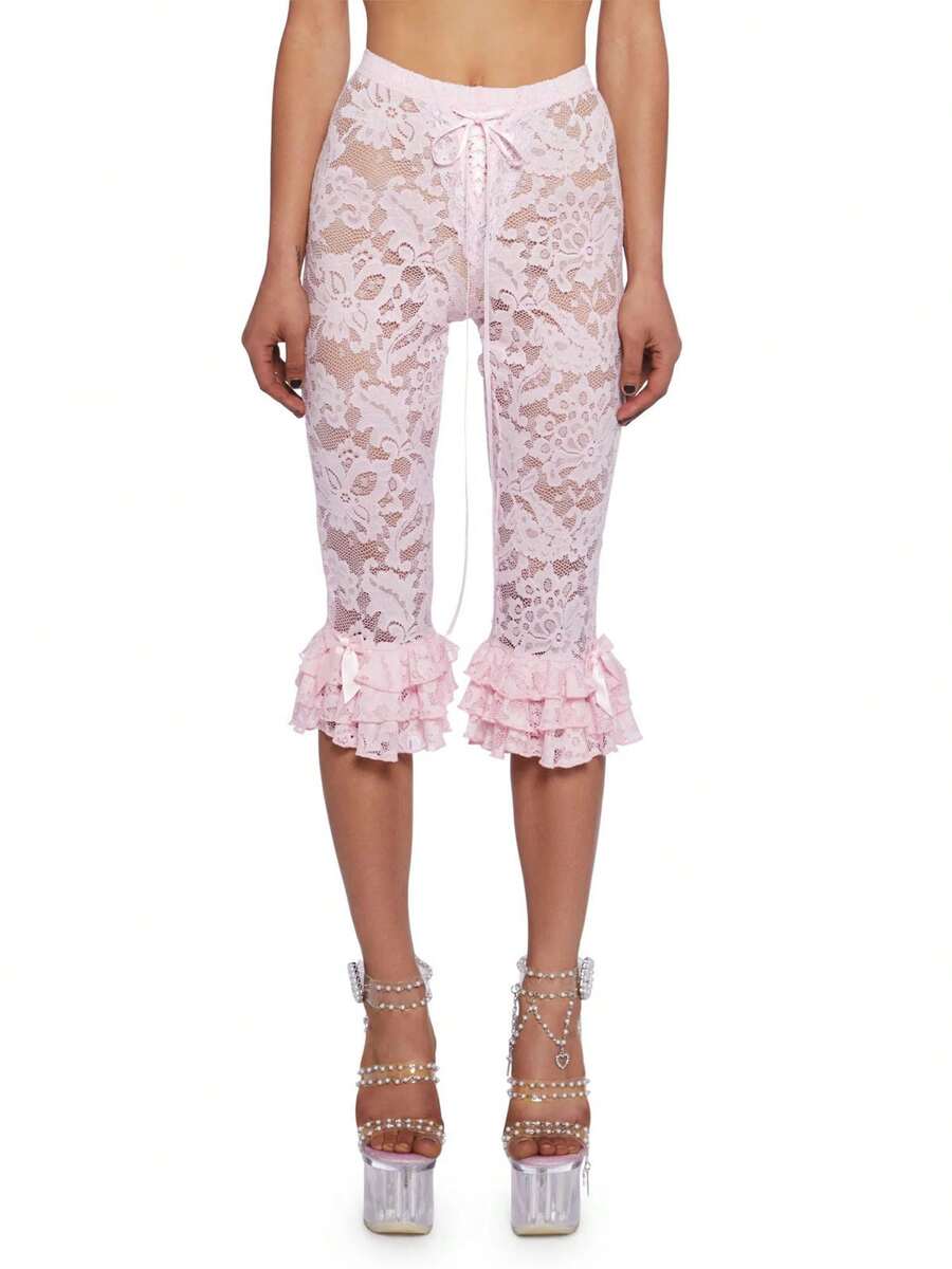 Women Capri Pants Lace See-Through High Waist Ruffles Hem Summer Casual Cropped Pants Stretch Crop Leggings - Pink - View 1