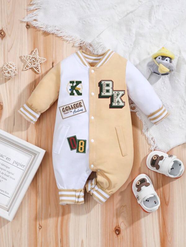 College Style Contrast Color Letter & Emblem Print Long Sleeve Jumpsuit, Spring/Autumn