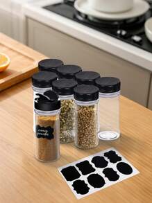 9 件/套-8 件透明塑料调味瓶和 1 张可粘贴标签纸，孜然粉分装瓶，适用于家庭厨房