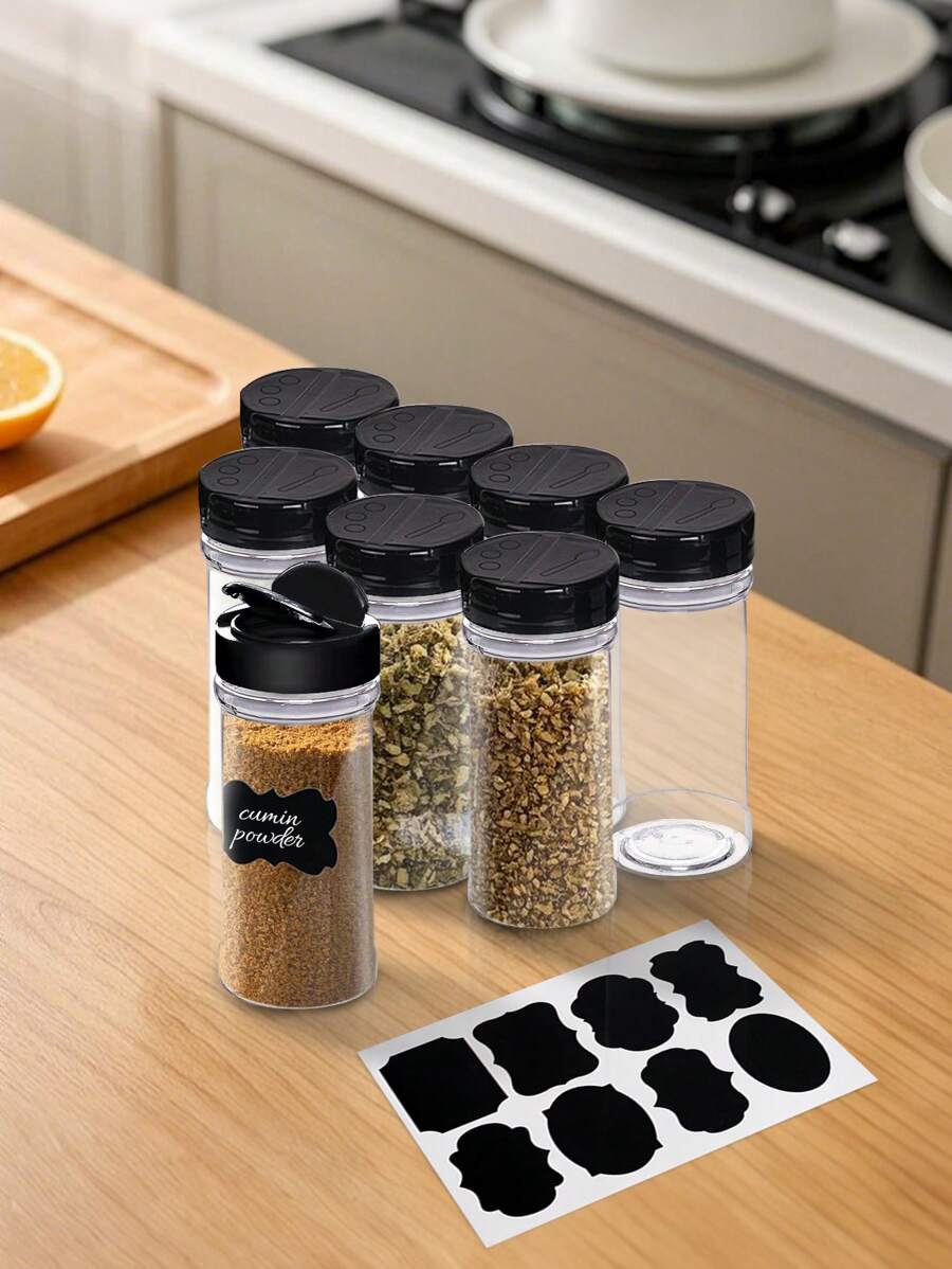 9 件/套-8 件透明塑料调味瓶和 1 张可粘贴标签纸，孜然粉分装瓶，适用于家庭厨房