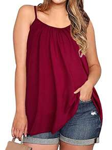 Built In Bra Padded Women Camisole Cami Vest Plus Size 2 In 1 Push Up Tank Tops Summer Beach Flowy Swing Casual Loose Fit Blouse Top Shelf Bra Spaghetti Strap S To 4XL - 紅色 - 查看 1