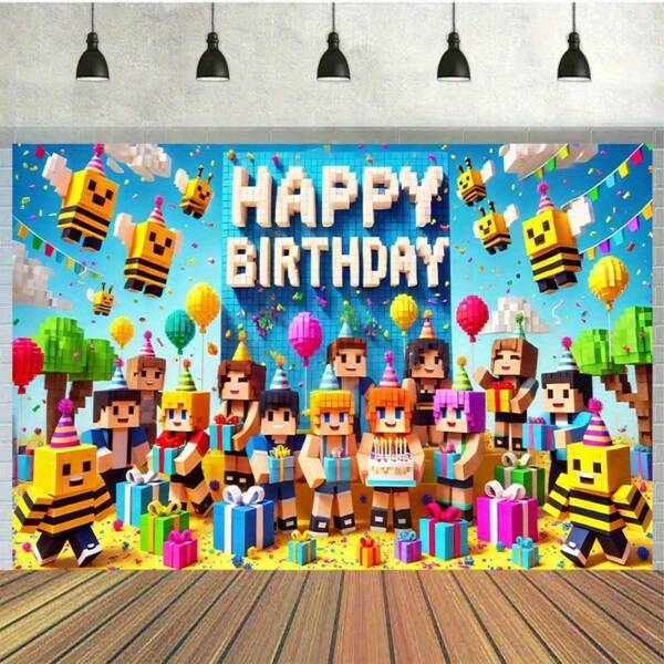 1 pezzo Sfondo per festa di compleanno a tema pixel, telo fotografico in poliestere, banner multifunzione per tavolo per torta, decorazione studio, ritratti, senza elettricità, adatto per eventi interni/esterni