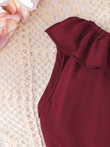 2件套女婴时尚可爱纯色不对称肩吊带背心搭配蝴蝶花朵图案半身裙，夏季日常出行及度假新品 - 酒紅色 - 查看 4