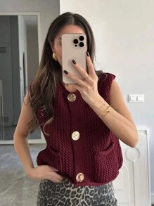 Ladies' Fashionable Round Neck Pocket Metal Button Knit Vest