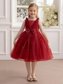 少女酒红色3D蝴蝶结串珠薄纱优雅情人节派对礼服，公主裙，适合女孩生日派对、婚礼花童、奢华晚礼服、复活节庆典等场合。 - 酒紅色 - 查看 1
