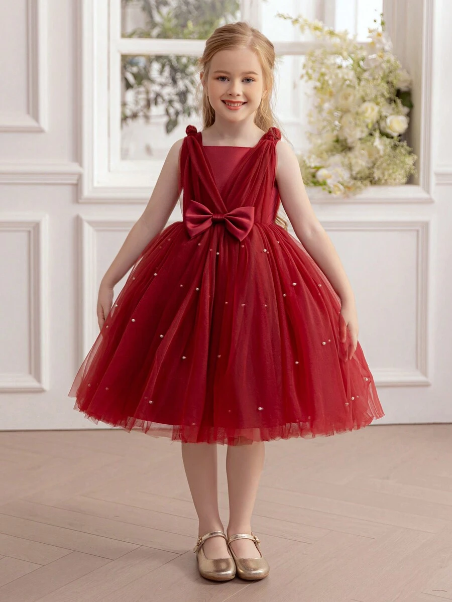 少女酒红色3D蝴蝶结串珠薄纱优雅情人节派对礼服，公主裙，适合女孩生日派对、婚礼花童、奢华晚礼服、复活节庆典等场合。 - 酒紅色 - 查看 1