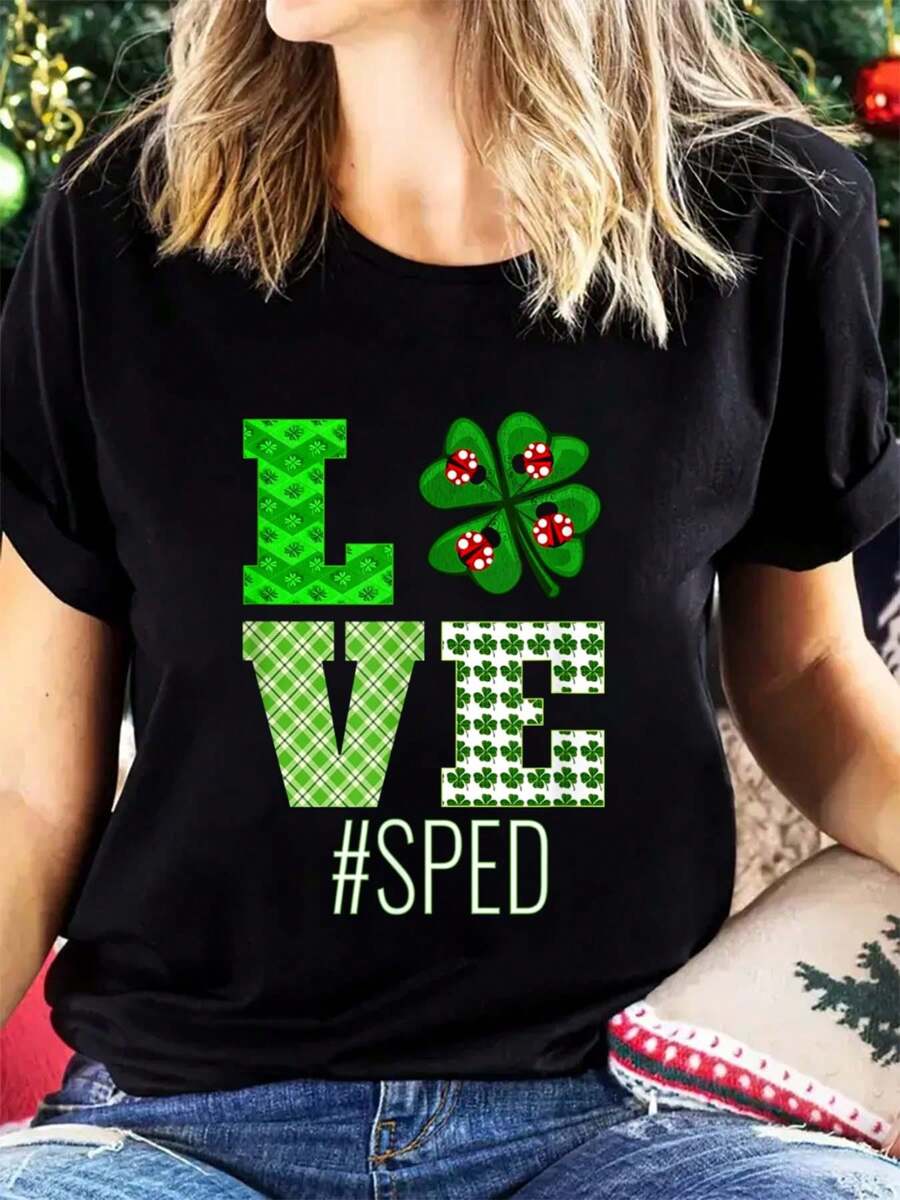 Love SPED St Patrick's Day SPED Teacher Shamrock T-Shirt Women Summer Short Sleeve Fahion Printed Cotton T Shirt Graphic Tees Women Tops