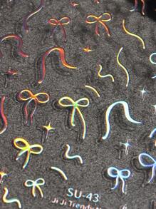 2 张金色蝴蝶结美甲贴纸，情人节优雅线条 3D 激光粉色蝴蝶结丝带蝴蝶结星星镂空爱心设计自粘指甲贴花女士 DIY 美甲用品 - 彩色 - 查看 8