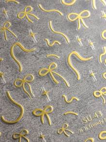 2 张金色蝴蝶结美甲贴纸，情人节优雅线条 3D 激光粉色蝴蝶结丝带蝴蝶结星星镂空爱心设计自粘指甲贴花女士 DIY 美甲用品 - 彩色 - 查看 7