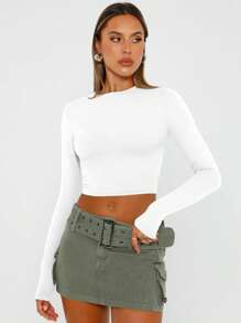 HIGHFINE Women's Round Neck Basic Long Sleeve T-Shirt Slim Fit T-Shirt Autumn Outing Crop Top Cute Shirt - trắng - Xem 5