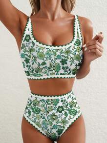 Women 2-Piece Bikini Swimsuits Floral Print U-Neck Bra And High Waist Briefs Sets For Summer Beachwear Bathing Suit - màu xanh lá - Xem 2