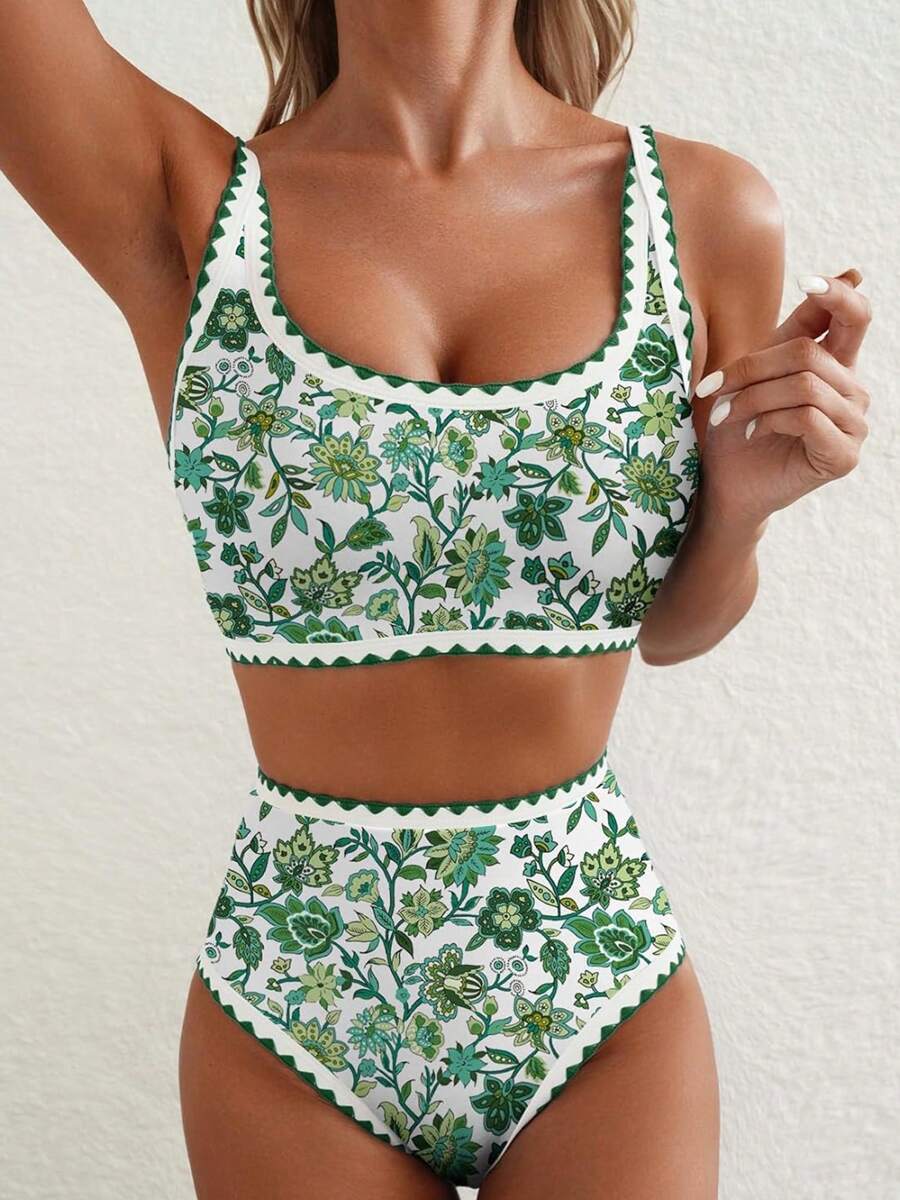 Women's Floral Bikini Sets Whip Stitch 2 Piece Swimsuits - High Waisted Tummy Control Bathing Suits, Scoop Neck Push Up Beachwear - màu xanh lá - Xem 1