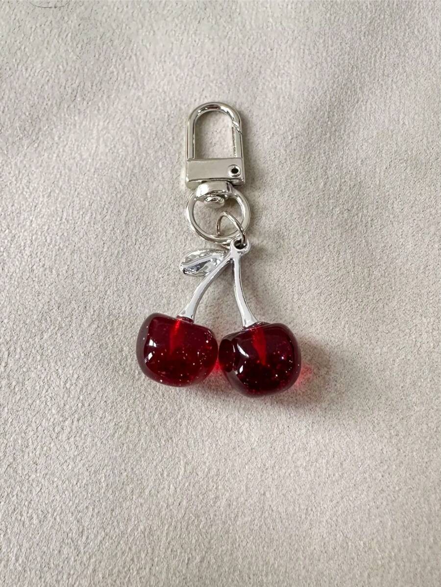 1pc Fashion Rhinestone Cherry Keychain Pendant, Elegant 3D Fruit Keyring For Handbag/Phone, Jewelry Accessory Gift Souvenir Car Accessories Bag Charm School Fruit Cute Goth Y2k - Burgundy - View 1
