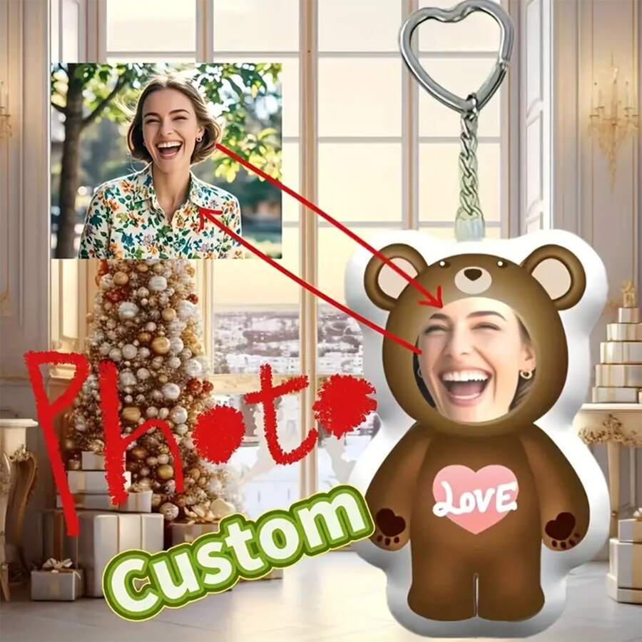 可定制心形泰迪熊钥匙扣，DIY 个性化照片钥匙扣，送给家人和朋友的理想礼物，适合圣诞节、新年、感恩节、生日 - 现代风格、便携礼物 - 棕色 - 查看 1